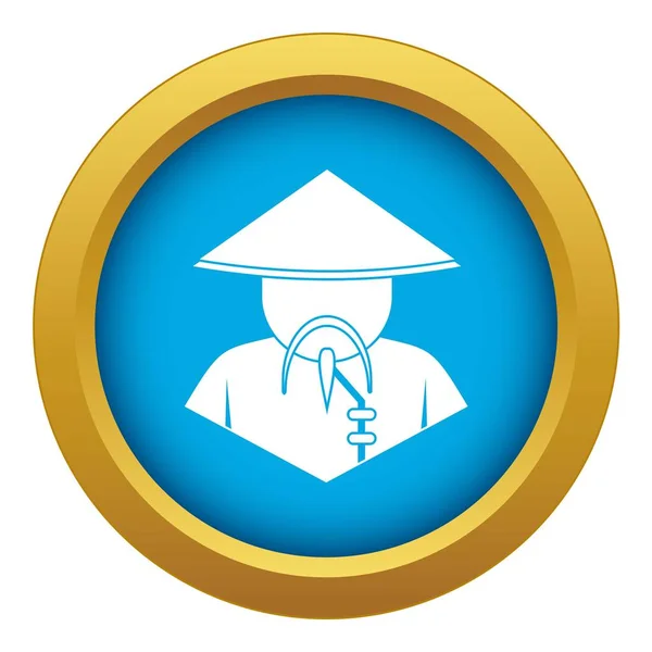 Hombre asiático en icono de sombrero cónico vector azul aislado — Archivo Imágenes Vectoriales