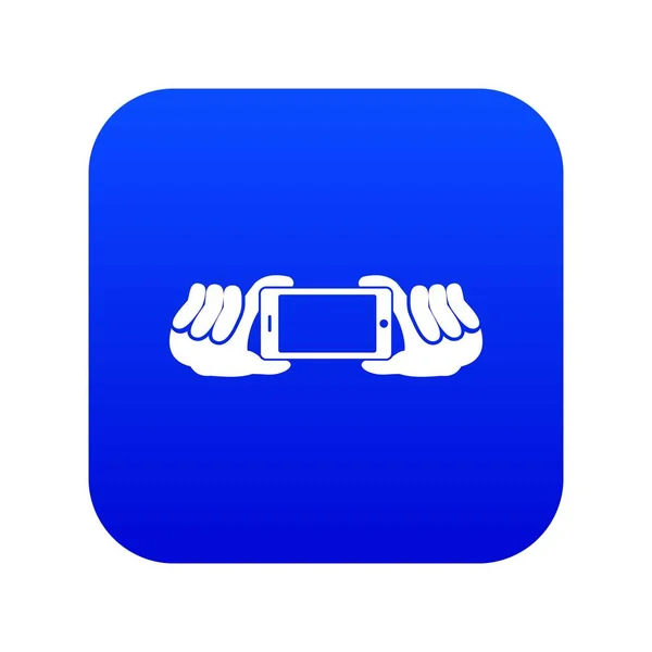 Cep telefonu tutan iki el simgesi dijital mavi — Stok Vektör