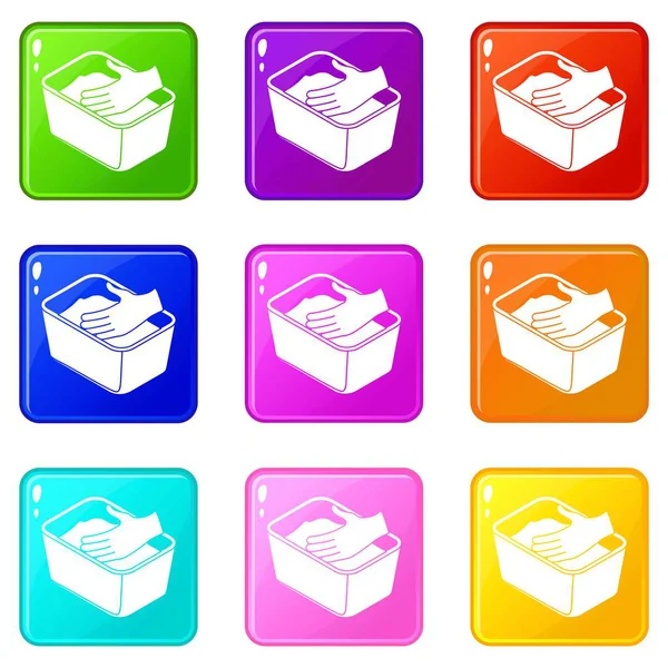 Set di icone per il lavaggio a mano 9 colori — Vettoriale Stock