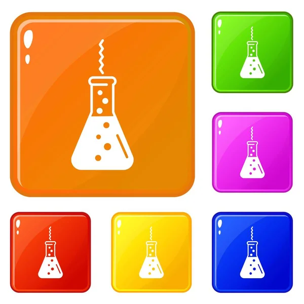 Chemistry flask factory icons set vector color — Stock Vector