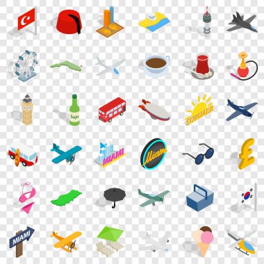 Yaz Icons set, izometrik stil seyahat