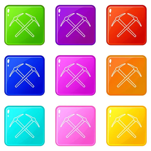 Minería pickaxe iconos conjunto 9 colección de colores — Archivo Imágenes Vectoriales