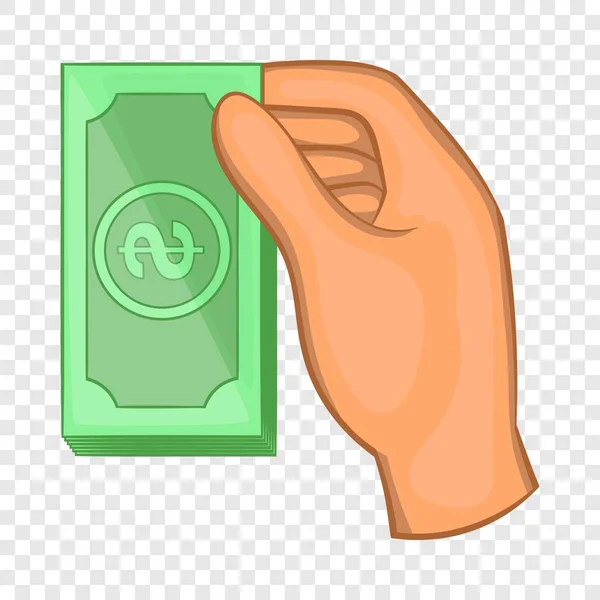 Mano sosteniendo billetes de dólar icono, estilo de dibujos animados — Vector de stock