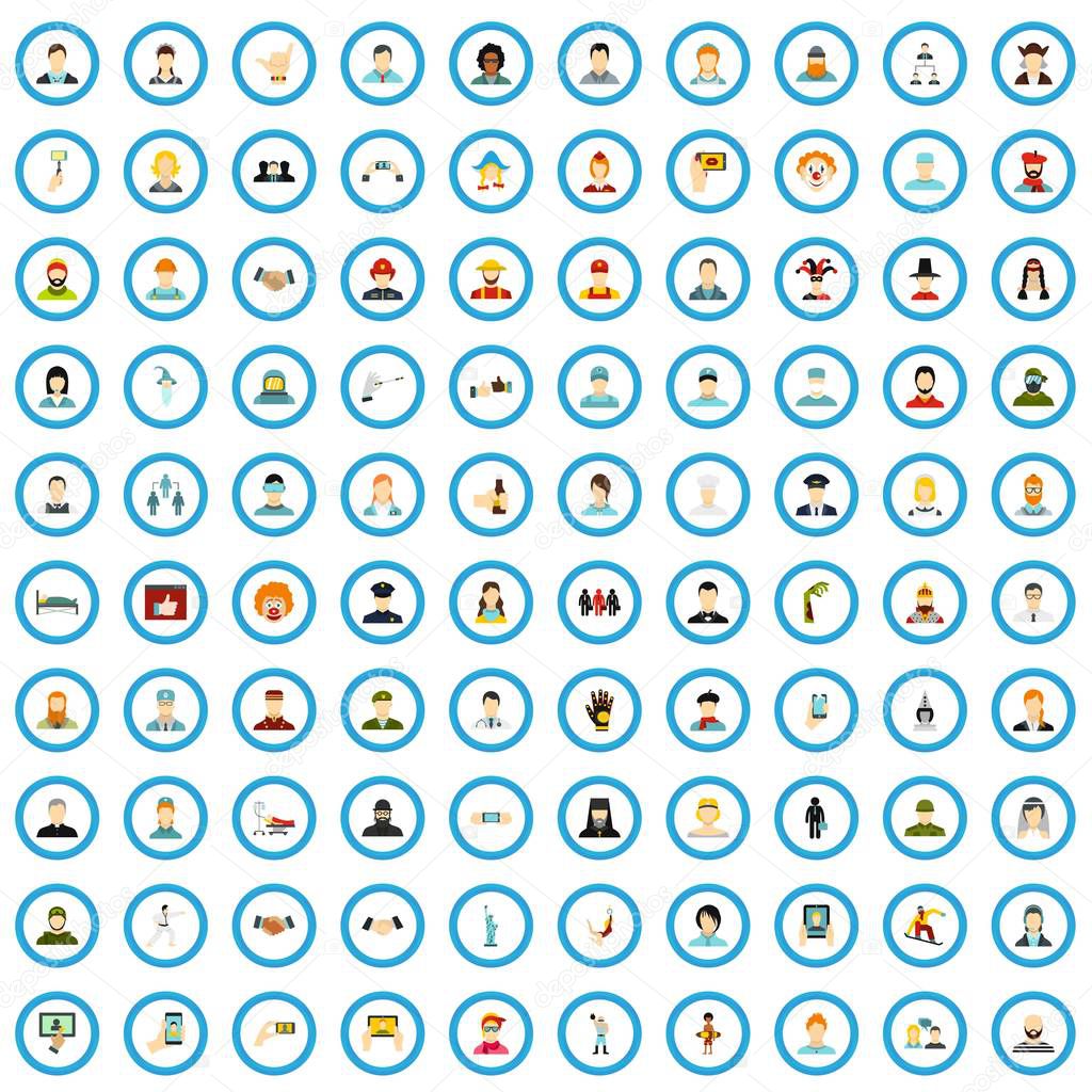 100 people icons set, flat style