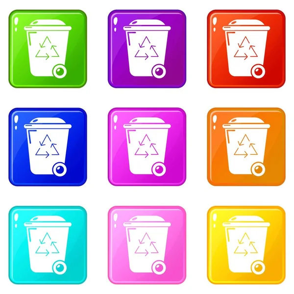 Basura Wheelie bin iconos conjunto 9 colección de colores — Vector de stock