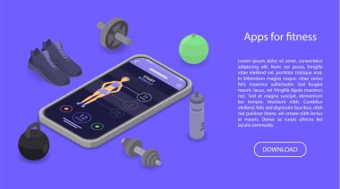 Fitness kavramı banner, izometrik stil için uygulamalar