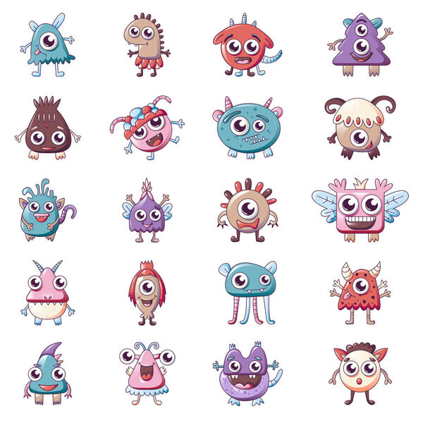 Monsters icons set, cartoon style