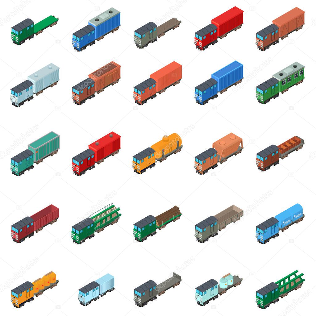 Railway carriage icons set, isometric style