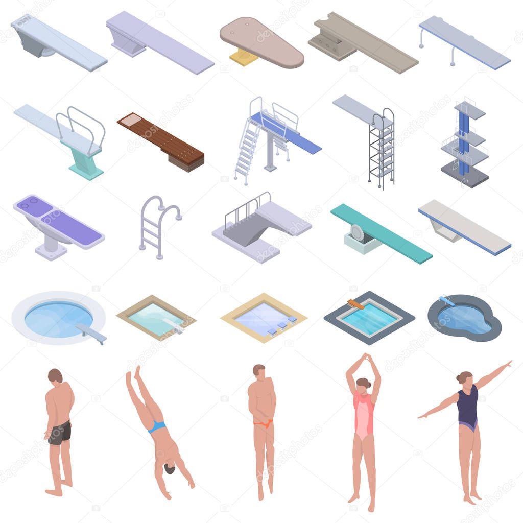 Diving board icons set, isometric style