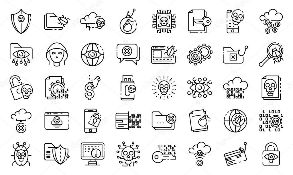 Cyber attack icons set, outline style