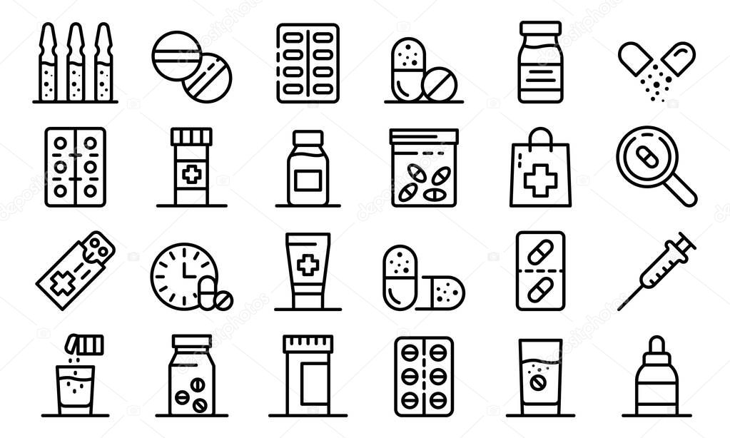 Antibiotic icons set, outline style