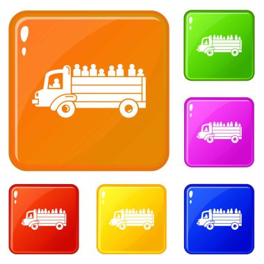 Mülteci insanlar kamyon simgeleri vektör renk ayarlamak