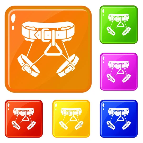 Equipo de la correa de senderismo iconos conjunto vector de color — Vector de stock