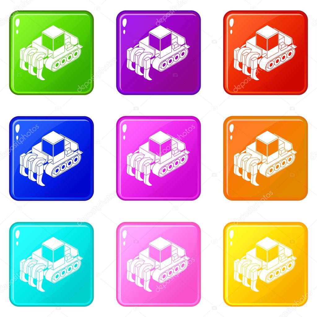 Industrial bulldozer icons set 9 color collection