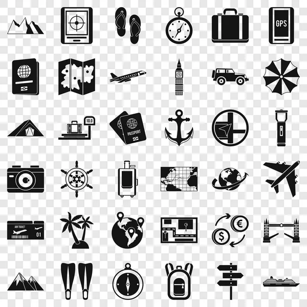 Naturaleza iconos de viaje conjunto, estilo simple — Vector de stock