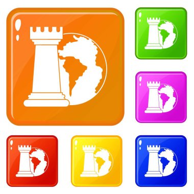Dünya gezegen ve satranç simgeler kümesi vektör renk çaylak