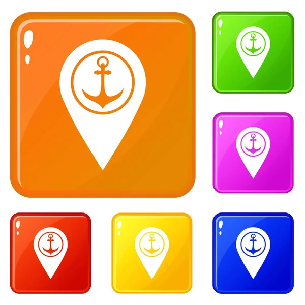 带有符号锚点和海港图标的地图指针设置矢量颜色 — 图库矢量图片
