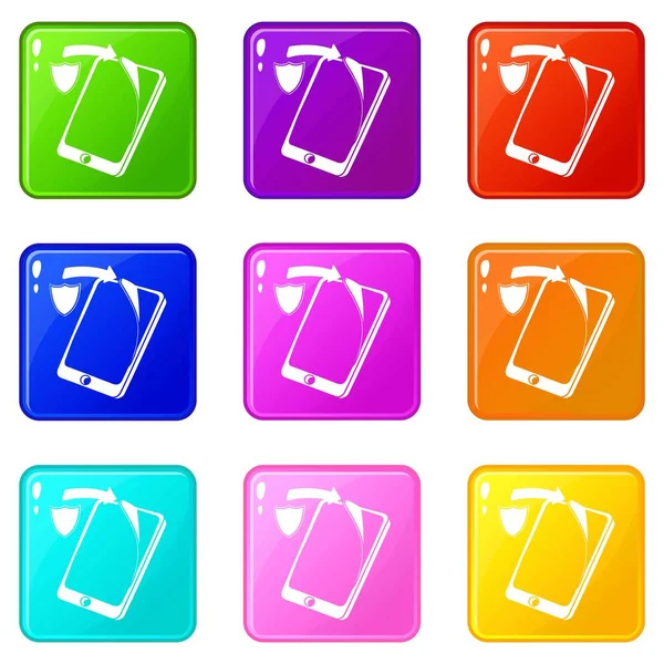 Protección reemplazo pantalla smartphone iconos conjunto 9 colección de colores — Archivo Imágenes Vectoriales