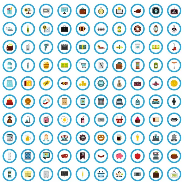 100 shopping spree ikony set, ploché styl — Stockový vektor