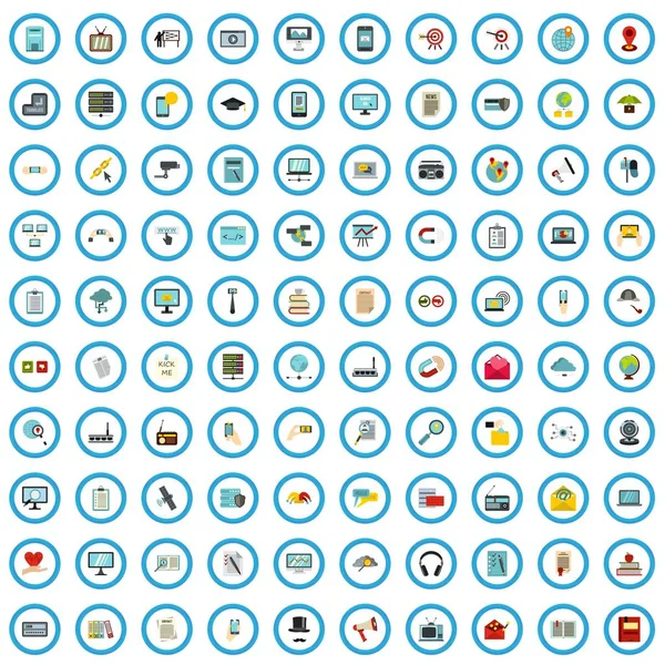 100 social networking icons set, flat style — Stock Vector