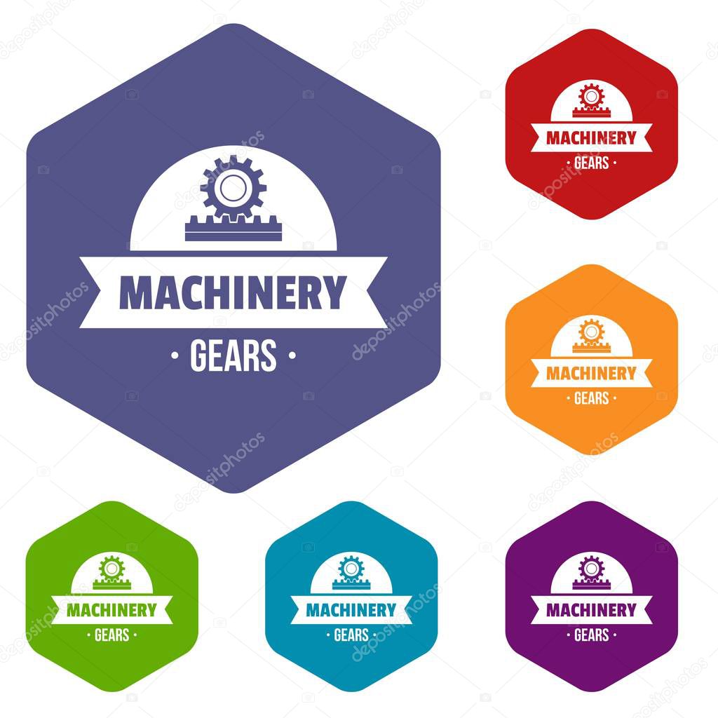 Technical machinery icons vector colorful hexahedron set collection isolated on white