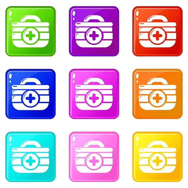 Juego de iconos kit de primeros auxilios 9 colección de colores — Vector de stock