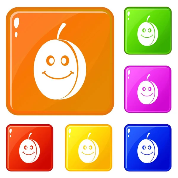 Fresh smiling plum icons set vector color — Stock Vector