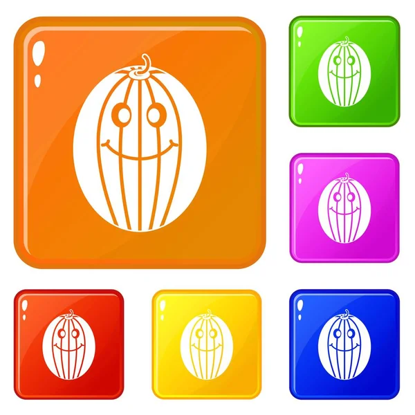 Maturo sorridente melone icone impostare il colore vettoriale — Vettoriale Stock