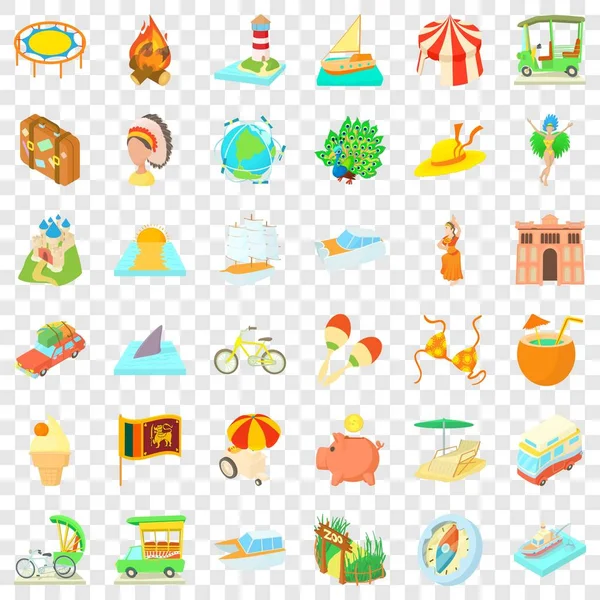 Conjunto de iconos de aventura de verano, estilo de dibujos animados — Vector de stock