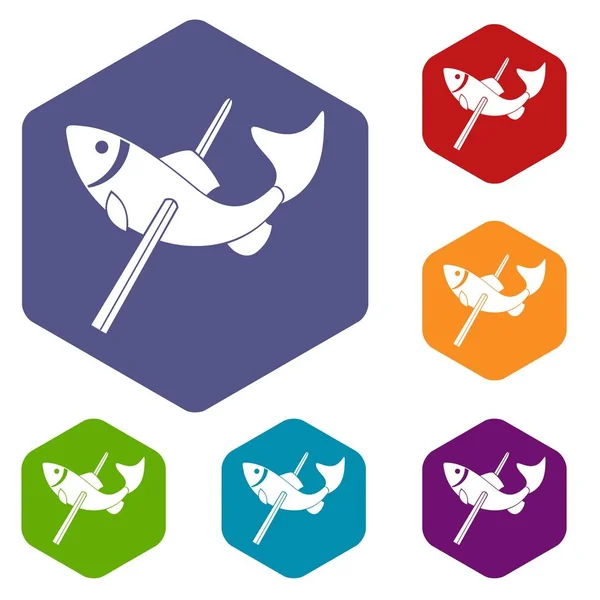 Iconos de pesca vector hexaedro — Vector de stock
