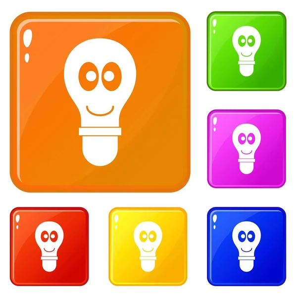 Smiling light bulb with eyes icons set vector color — Stock Vector