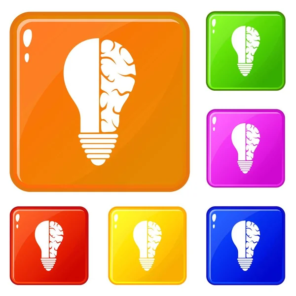 Gehirn Lampe Symbole setzen Vektorfarbe — Stockvektor