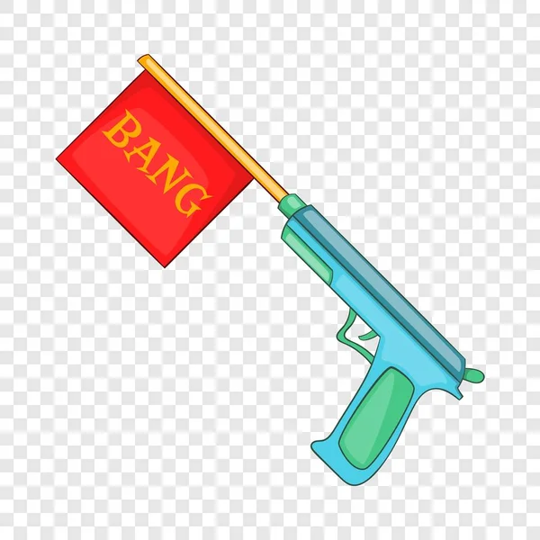 Pistola con el icono de la bandera bang, estilo de dibujos animados — Vector de stock