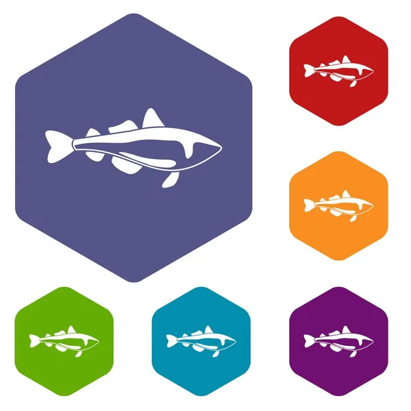 Iconos de peces marinos vector hexaedro — Vector de stock