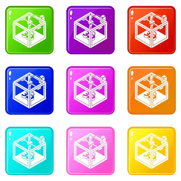 Three d printer icons set 9 color collection — Stock Vector