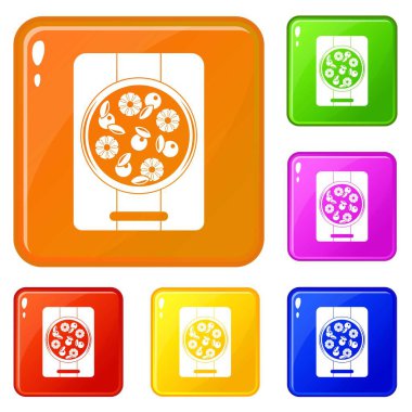 Gemide simgeleri üzerinde ananas ve fesleğen ile Pizza vektör renk seti