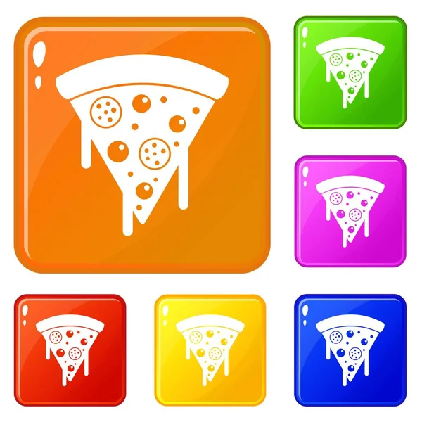 Rebanada de pizza con salami, iconos de queso derretido set vector de color — Vector de stock