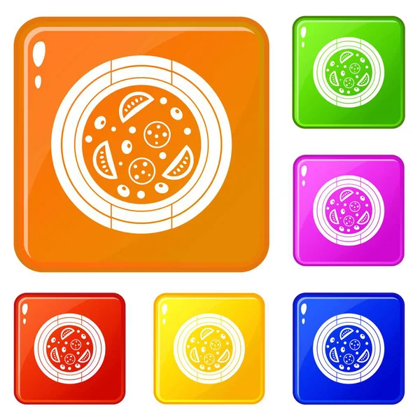 Sosis, domates ve zeytin simgeleri ile Pizza vektör renk ayarlamak