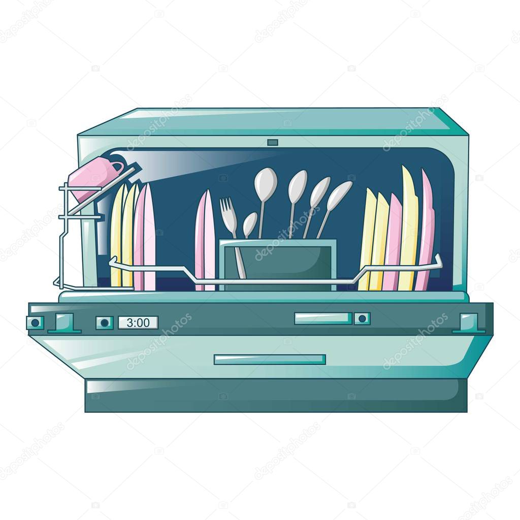 Open dishwasher machine icon. Cartoon of open dishwasher machine vector icon for web design isolated on white background