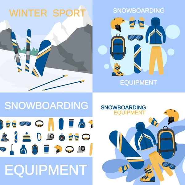 Conjunto de banner de engrenagem de snowboard, estilo plano — Vetor de Stock