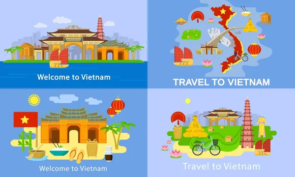 Vietnam afiş seti, düz stil — Stok Vektör