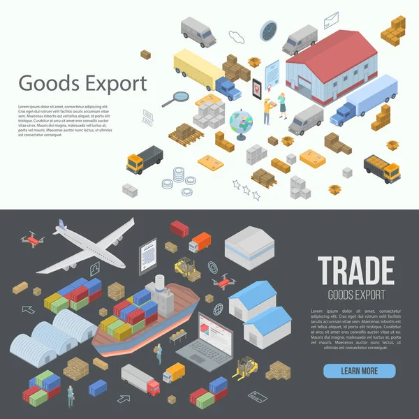 Set banner ekspor barang dunia, gaya isometrik - Stok Vektor