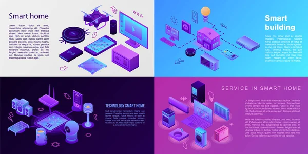 현대 스마트 홈 배너 세트, 아이소메트릭 스타일 — 스톡 벡터