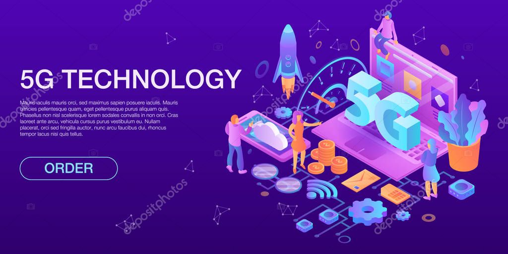 Modern 5G technology concept banner. Isometric illustration of modern 5G technology vector concept banner for web design