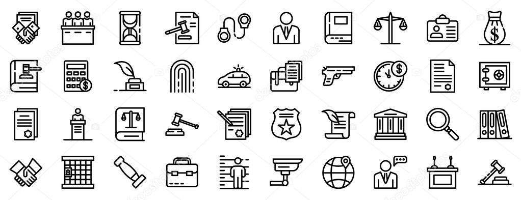 Lawyer icons set, outline style