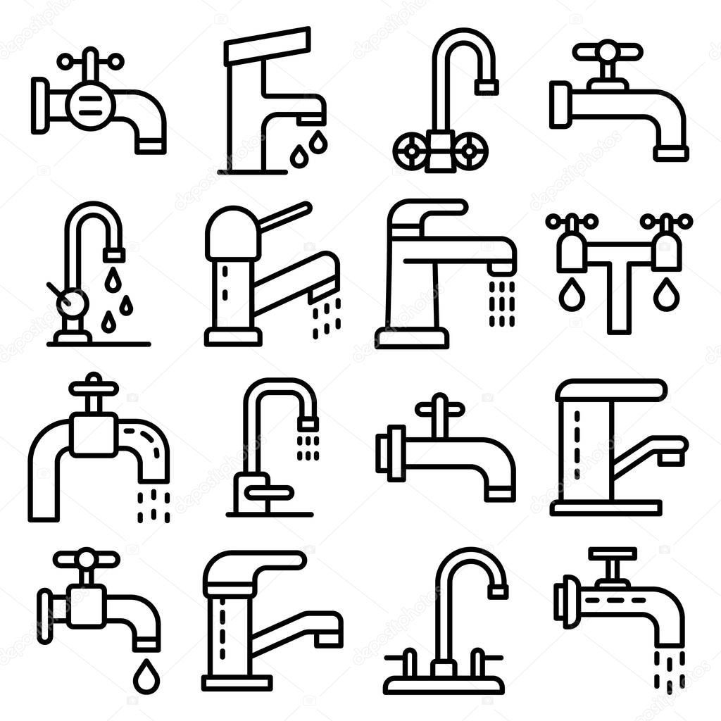 Faucet icons set, outline style