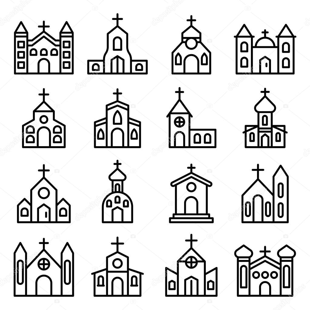 Church icons set, outline style