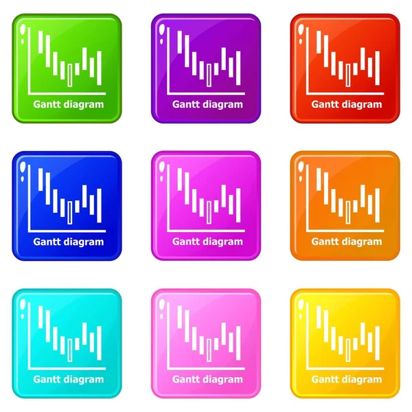 Gantt diagram icons set 9 color collection — Stock Vector