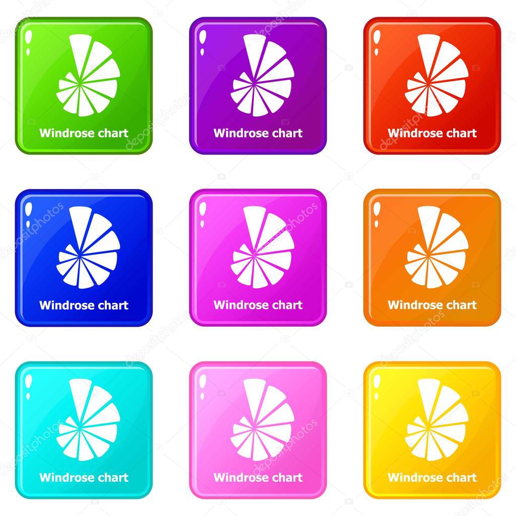 Windrose chart icons set 9 color collection
