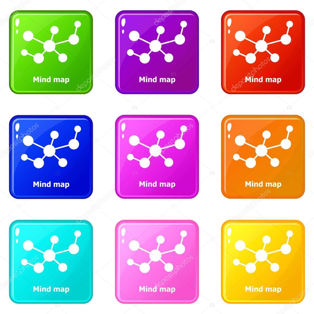 Mind map icons set 9 color collection